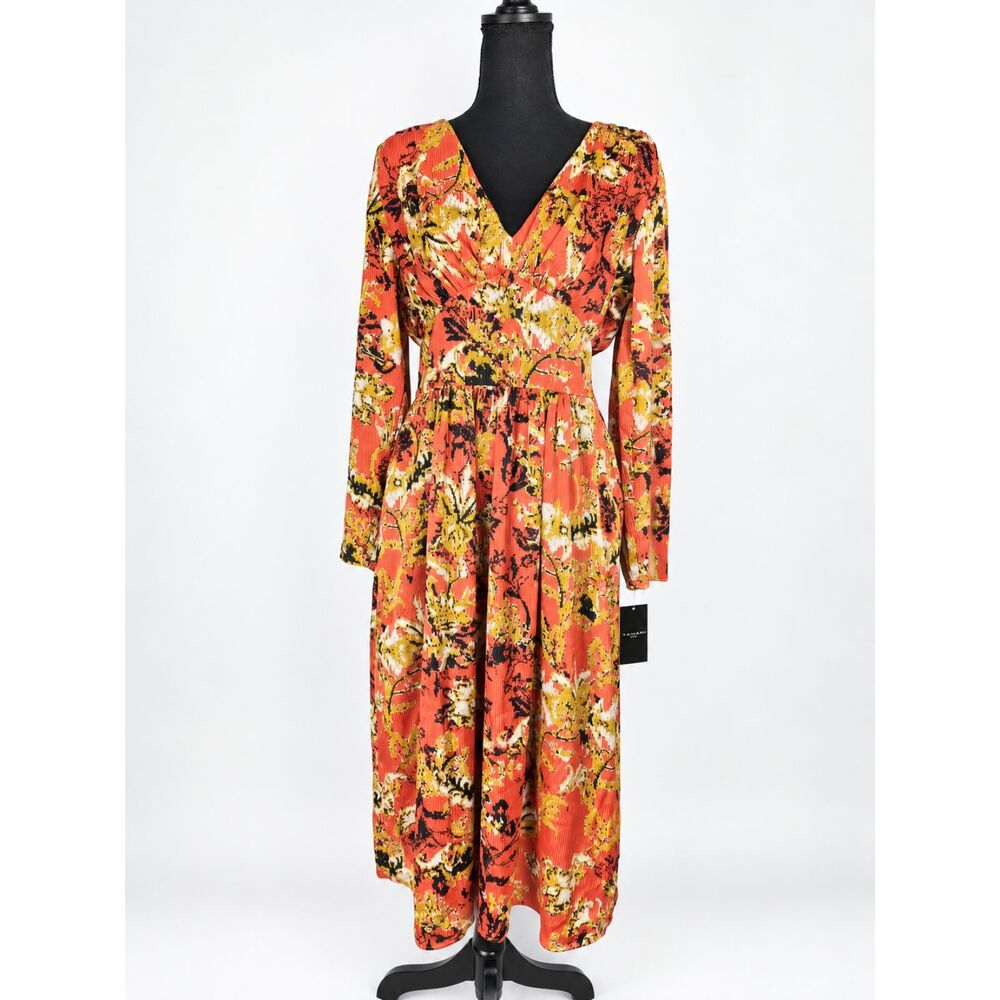 NWT Tahari ASL Paprika Saffron Floral Satin Midi Matte Dress Cocktail Retro Fall